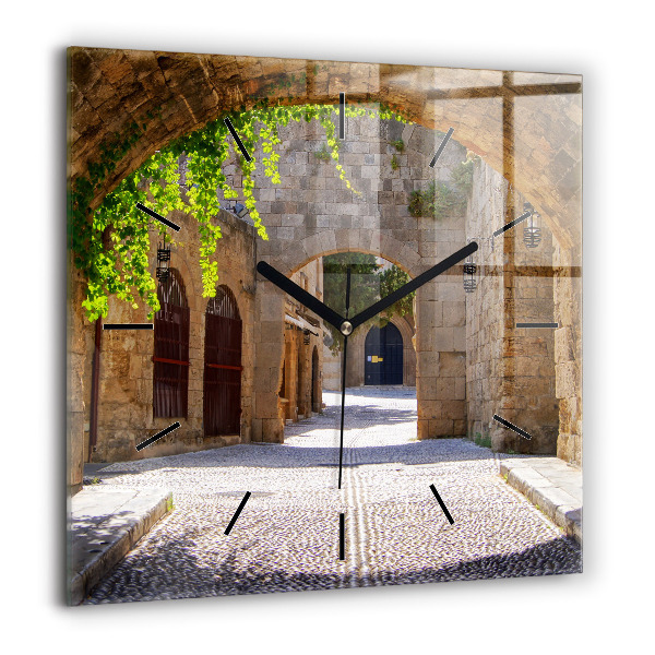 Pendule carrée en verre 60x60 cm Rue pittoresque de Rhodes
