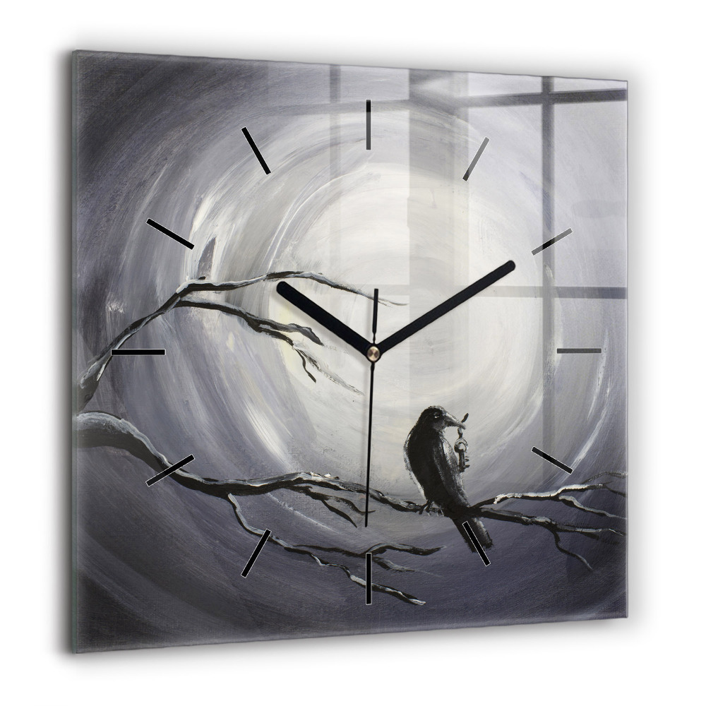 Pendule carrée en verre 60x60 cm Corbeau au clair de lune