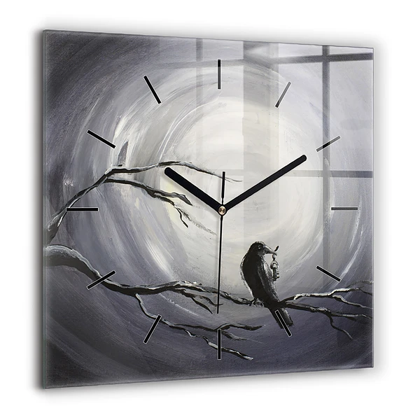 Pendule carrée en verre 60x60 cm Corbeau au clair de lune