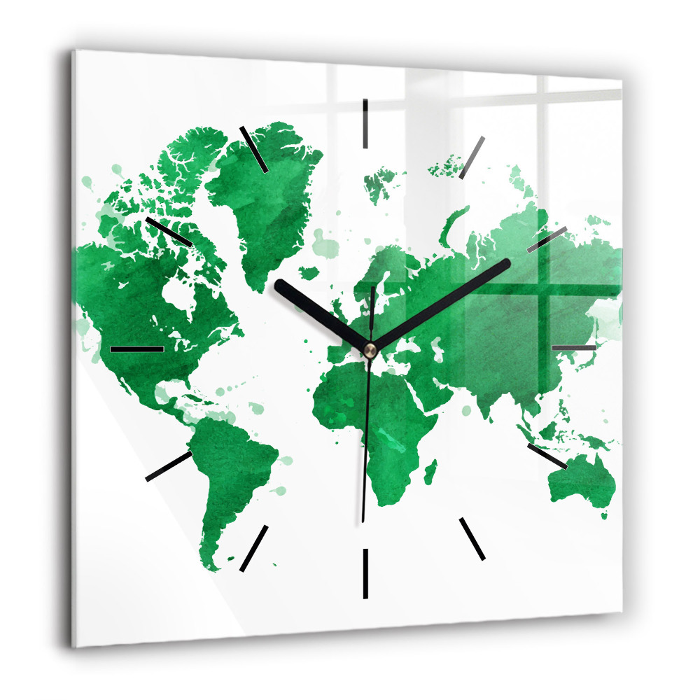 Horloge murale carrée 60x60 cm Carte du monde verte
