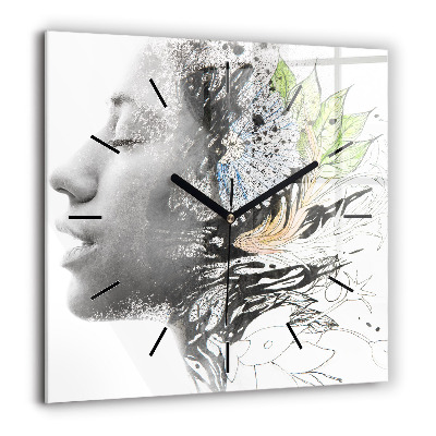 Pendule carrée en verre 60x60 cm Visage abstrait d'une femme