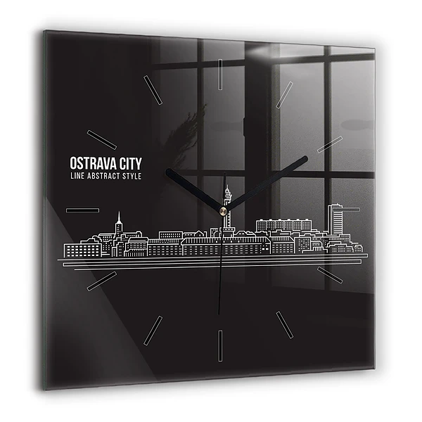 Horloge carrée en verre 60x60 cm Dessin de la ville d'Ostrava