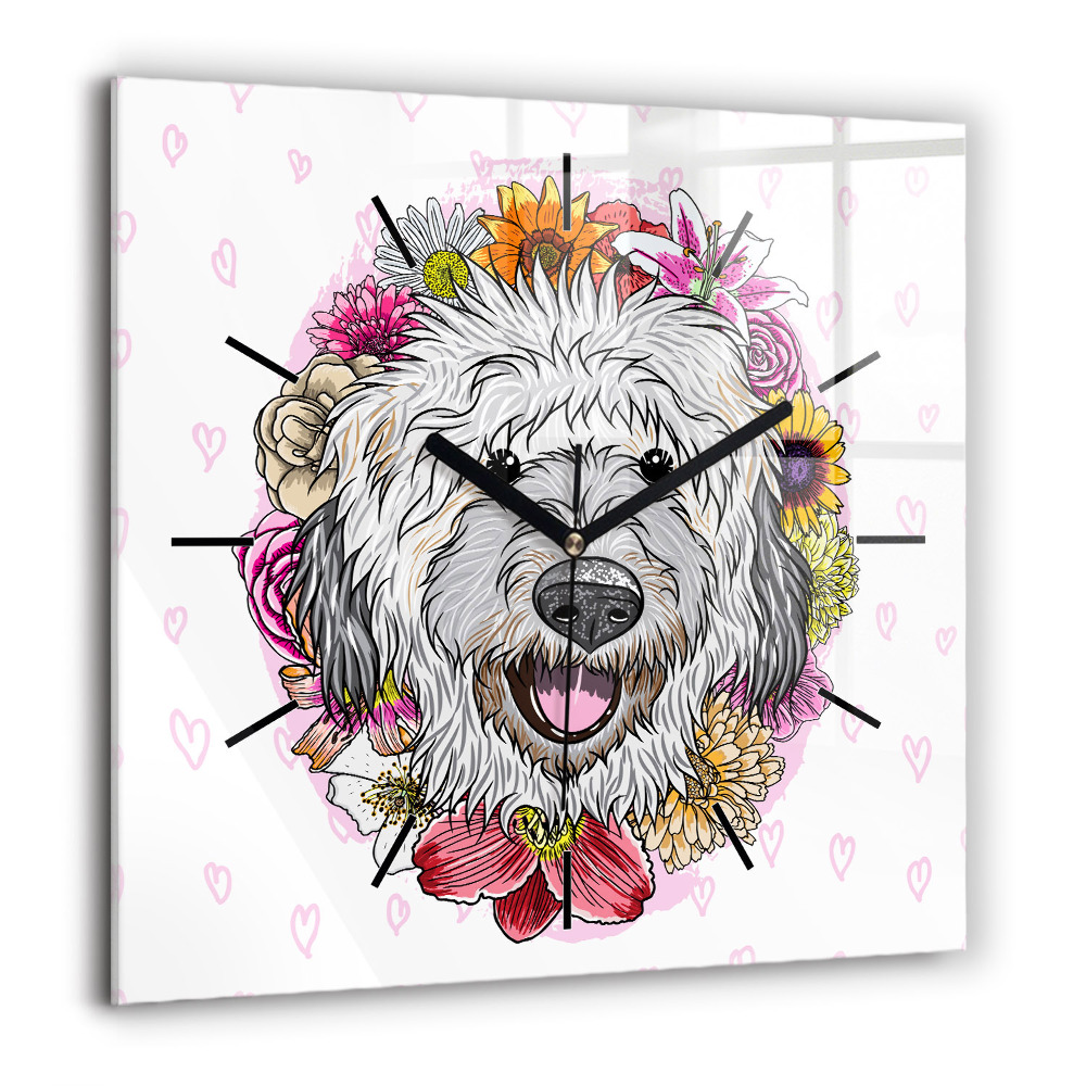 Pendule carrée en verre 60x60 cm Chien heureux dans les fleurs