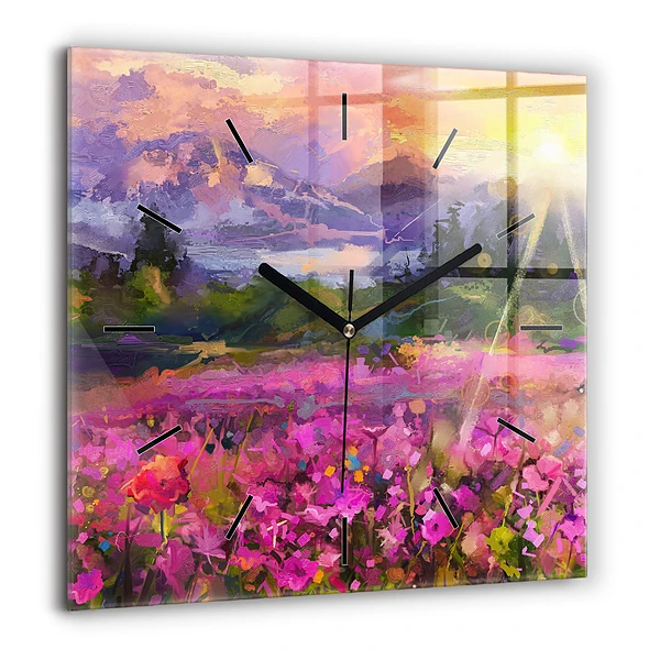 Pendule carrée en verre 60x60 cm Paysage de nature et de fleurs