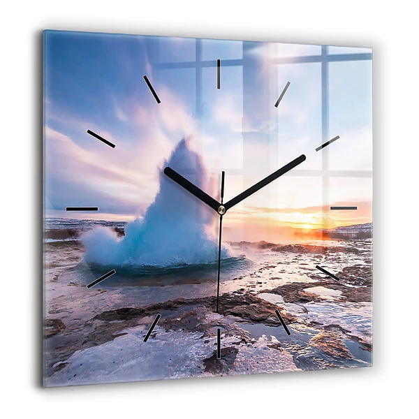 Pendule carrée en verre 60x60 cm Geyser sur l'île d'Islande
