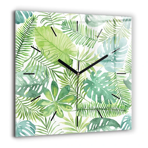 Horloge carrée en verre 60x60 cm Feuilles vertes