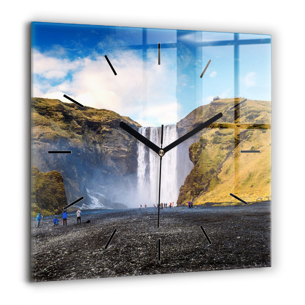 Horloge carrée en verre 60x60 cm Chute d'eau en Islande