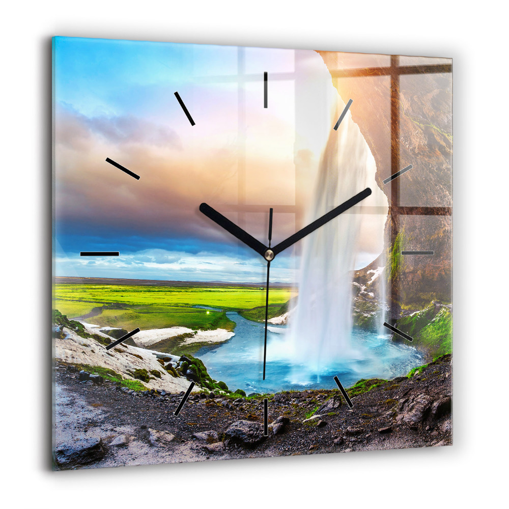 Pendule carrée en verre 60x60 cm Chute d'eau en Islande