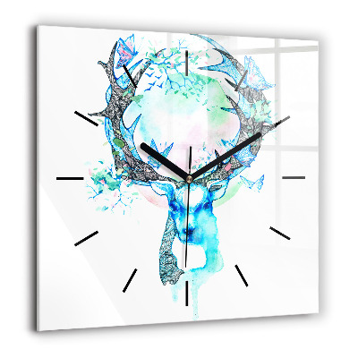 Pendule carrée en verre 60x60 cm Illustration d'un cerf
