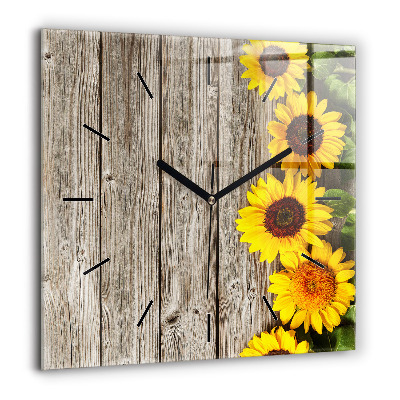Horloge carrée en verre 60x60 cm Tournesols sur planches