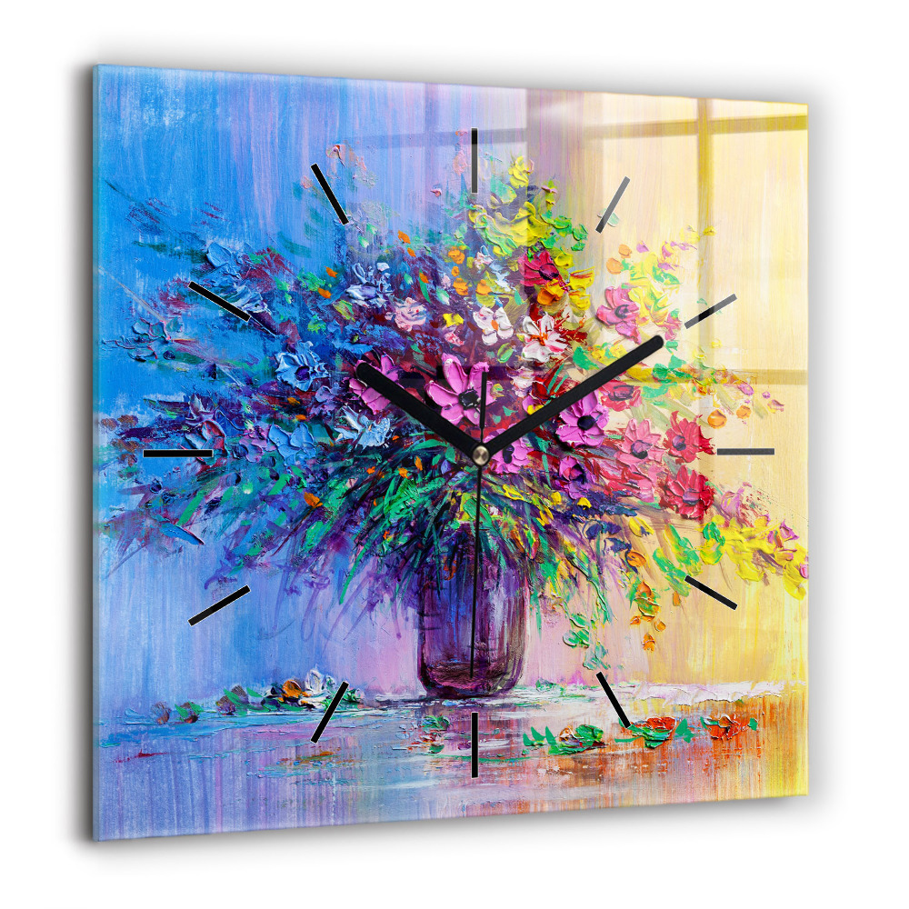 Pendule carrée en verre 60x60 cm Fleurs dans un vase