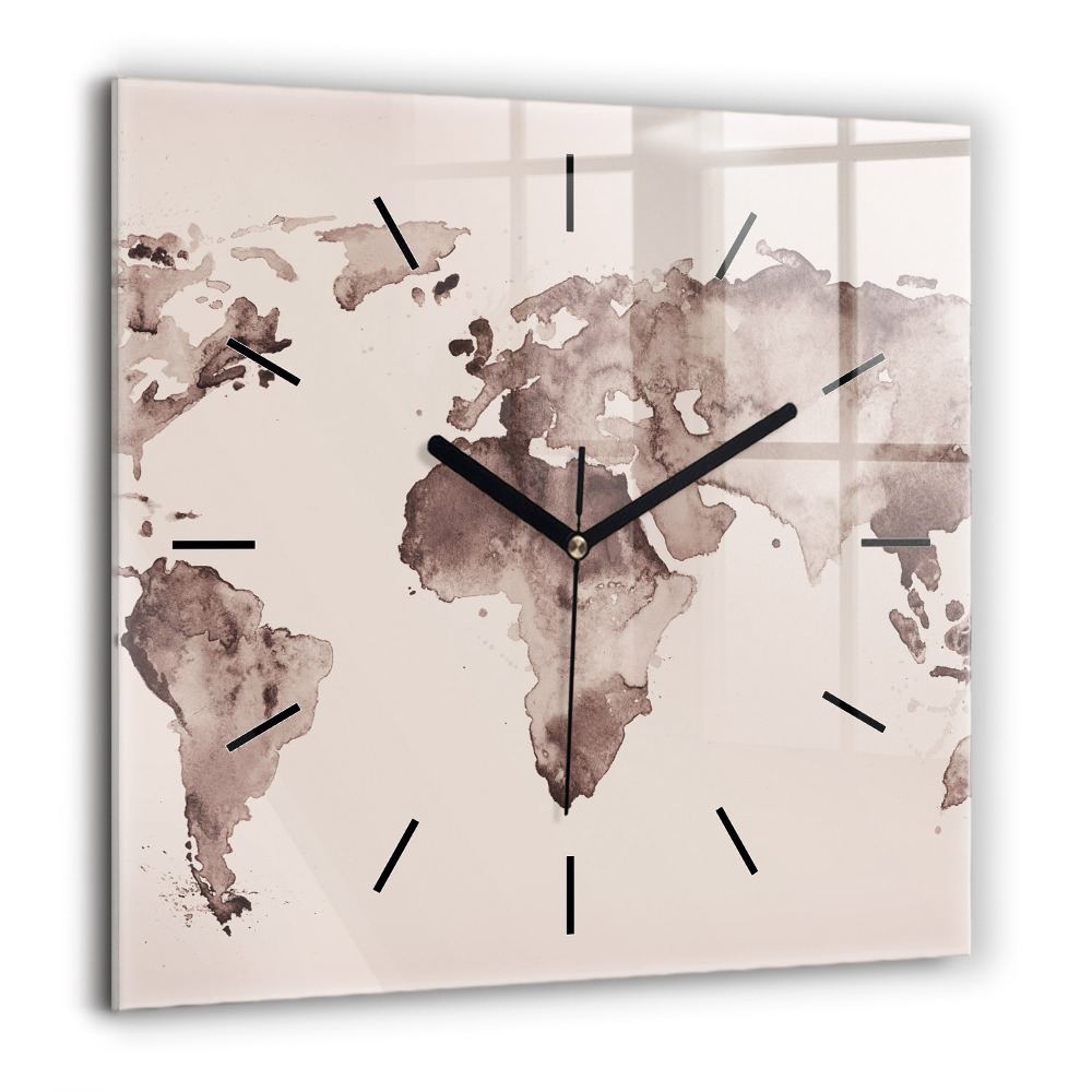 Horloge carrée en verre 60x60 cm Carte du monde à l'aquarelle