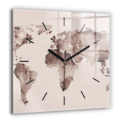 Horloge carrée en verre 60x60 cm Carte du monde à l'aquarelle