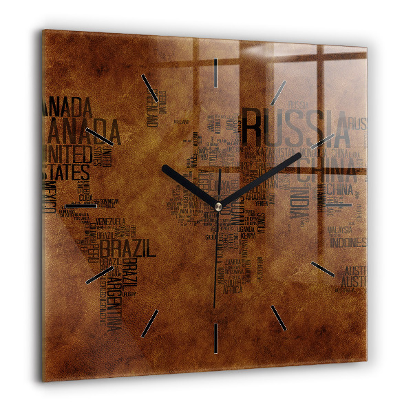 Horloge carrée en verre 60x60 cm Carte et noms de pays