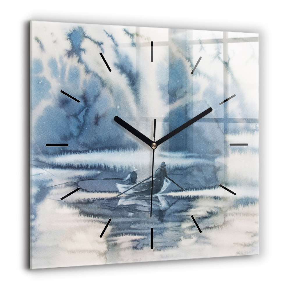 Horloge carrée en verre 60x60 cm Lac d'hiver Bateau
