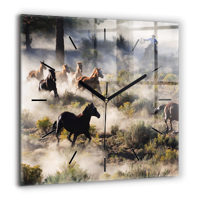 Horloge murale carrée 60x60 cm Troupeau de chevaux à vive allure
