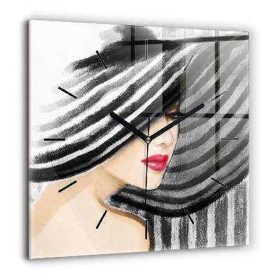 Pendule carrée en verre 60x60 cm Femme en noir et blanc