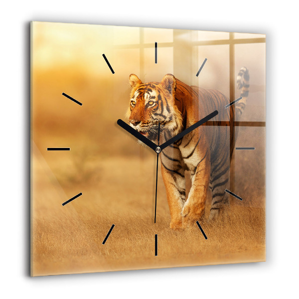 Pendule carrée en verre 60x60 cm Chasse au tigre