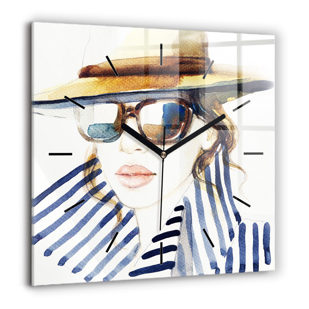 Pendule carrée en verre 60x60 cm Visage avec lunettes et chapeau