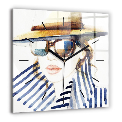 Pendule carrée en verre 60x60 cm Visage avec lunettes et chapeau