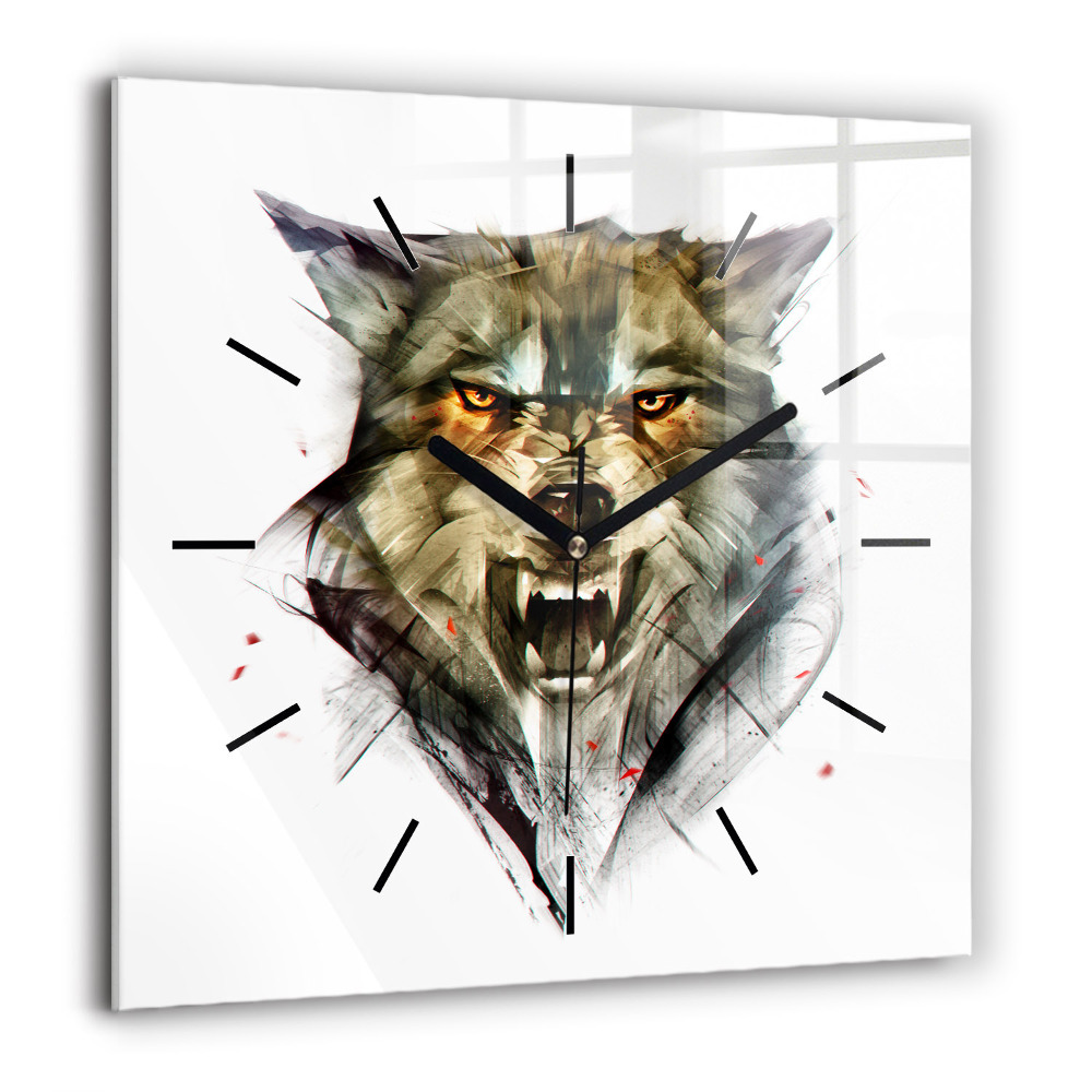 Horloge carrée en verre 60x60 cm Portrait dessiné d'un loup