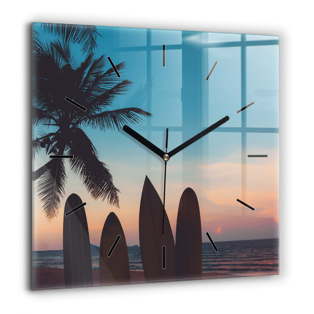 Pendule carrée en verre 60x60 cm Surf sur la plage