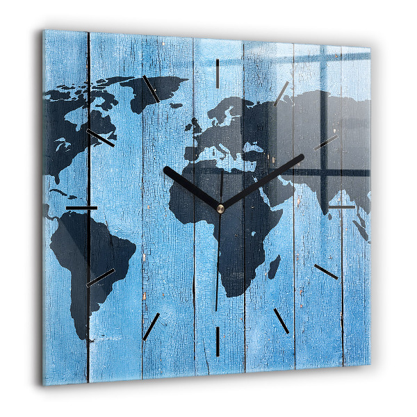 Horloge carrée en verre 60x60 cm Carte du monde sur planches