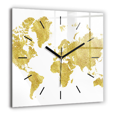 Horloge carrée en verre 60x60 cm Carte du monde en or