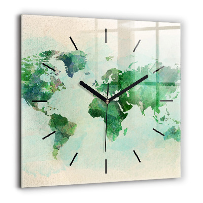 Horloge carrée en verre 60x60 cm Aquarelle carte du monde