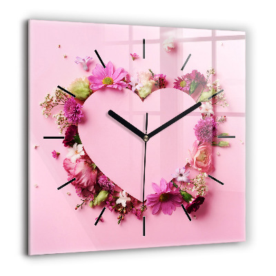 Pendule carrée en verre 60x60 cm Cœur de fleurs