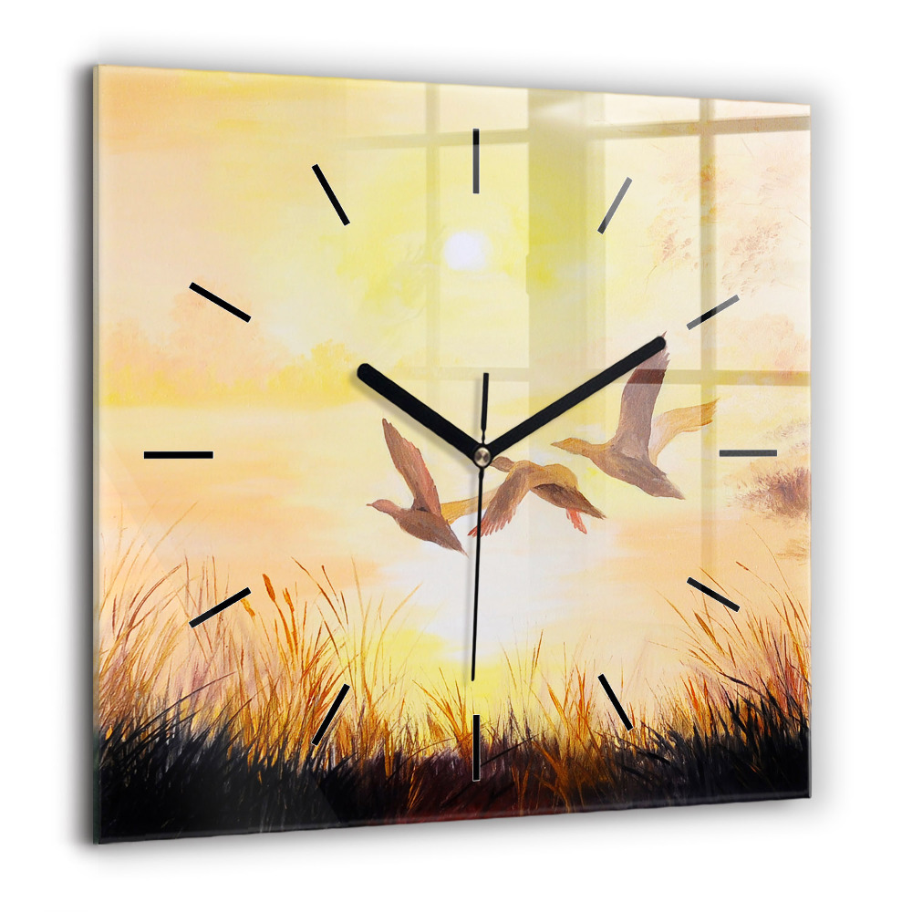 Horloge murale carrée 60x60 cm Grues au coucher du soleil