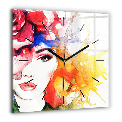 Pendule carrée en verre 60x60 cm Portrait coloré d'une femme