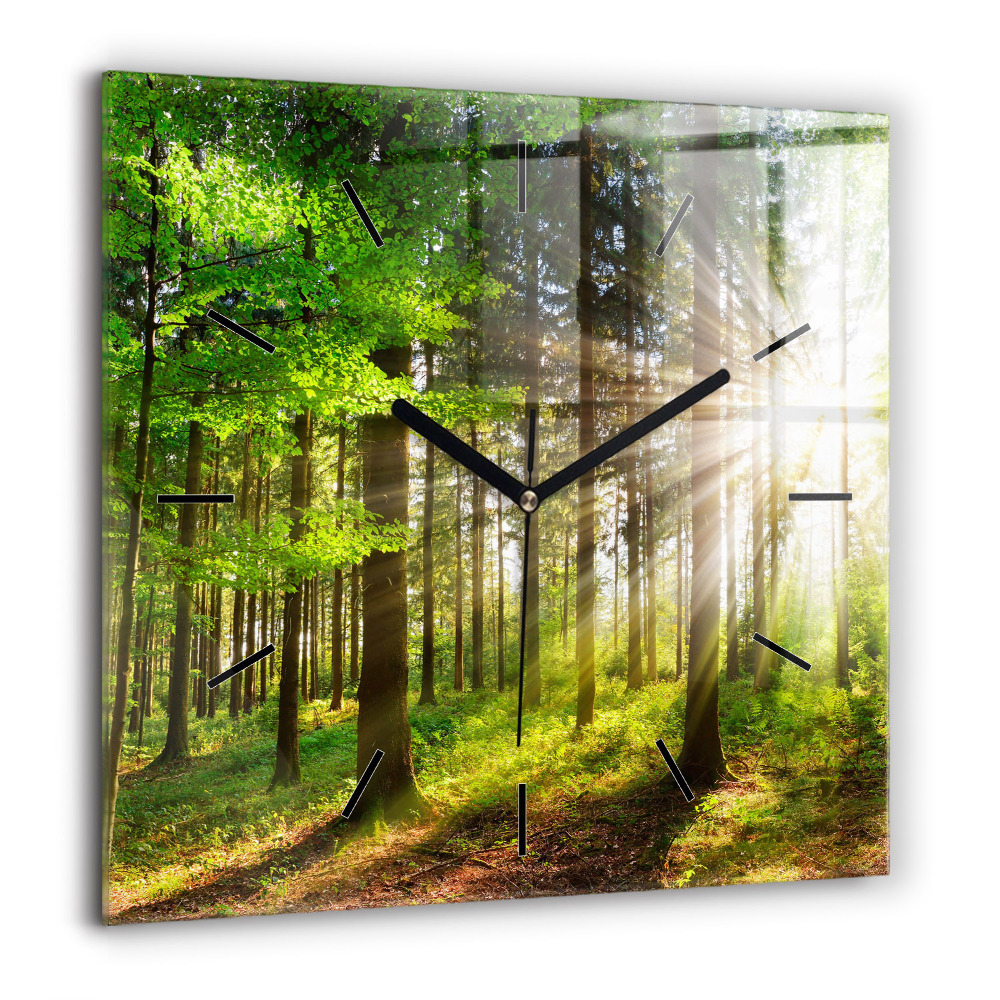 Pendule carrée en verre 60x60 cm Lever de soleil en forêt