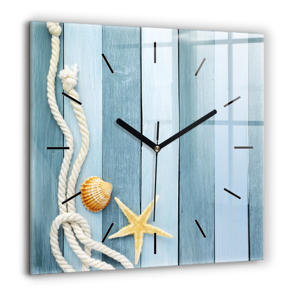 Horloge carrée en verre 60x60 cm Planches rayées et coquillage
