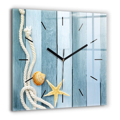 Horloge carrée en verre 60x60 cm Planches rayées et coquillage