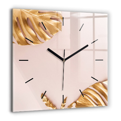 Horloge murale carrée 60x60 cm Feuilles tropicales dorées