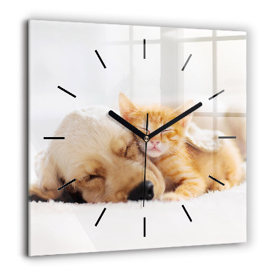 Horloge murale carrée 60x60 cm Chat et chien endormis