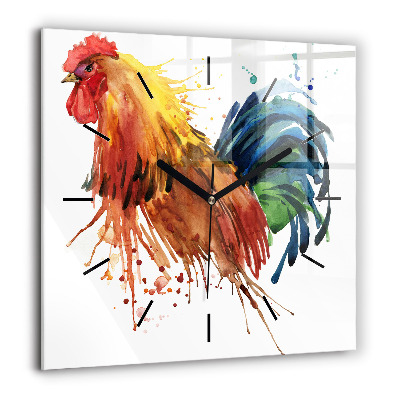 Horloge carrée en verre 60x60 cm Coq coloré