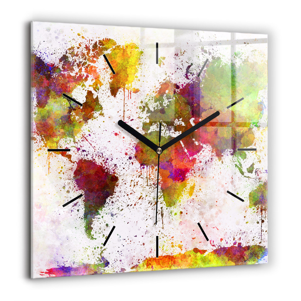 Pendule carrée en verre 60x60 cm Carte du monde en aquarelle