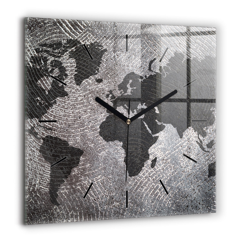 Horloge carrée en verre 60x60 cm Carte du monde en béton