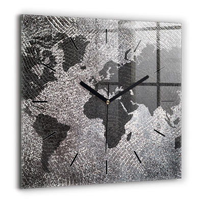 Horloge carrée en verre 60x60 cm Carte du monde en béton
