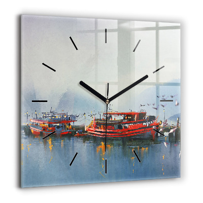 Horloge murale carrée 60x60 cm Bateau de pêche dans le port