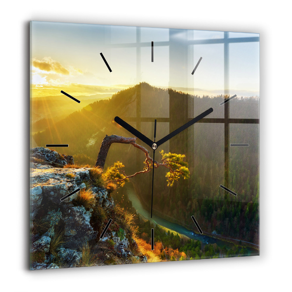 Pendule carrée en verre 60x60 cm Coucher de soleil sur les montagnes