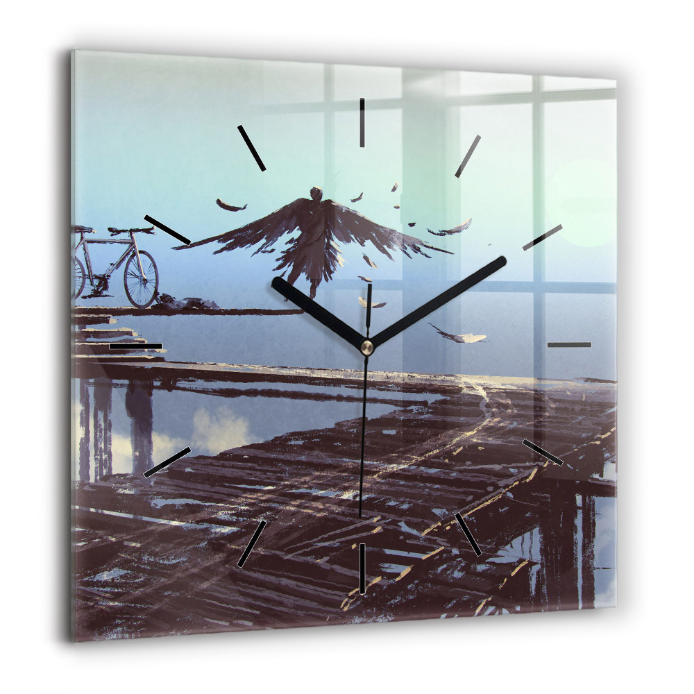 Horloge carrée en verre 60x60 cm Ange, pont et vélo