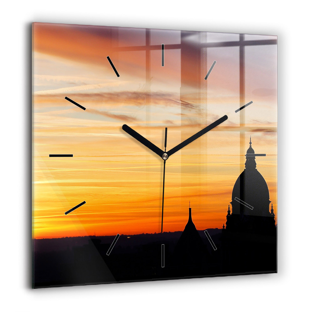 Horloge carrée en verre 60x60 cm Bâtiment et coucher de soleil