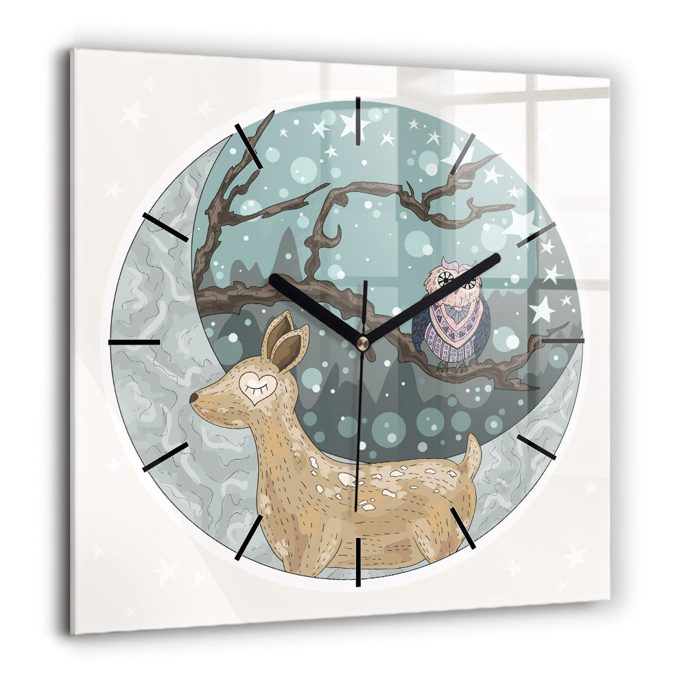 Pendule carrée en verre 60x60 cm Animaux nocturnes et lune