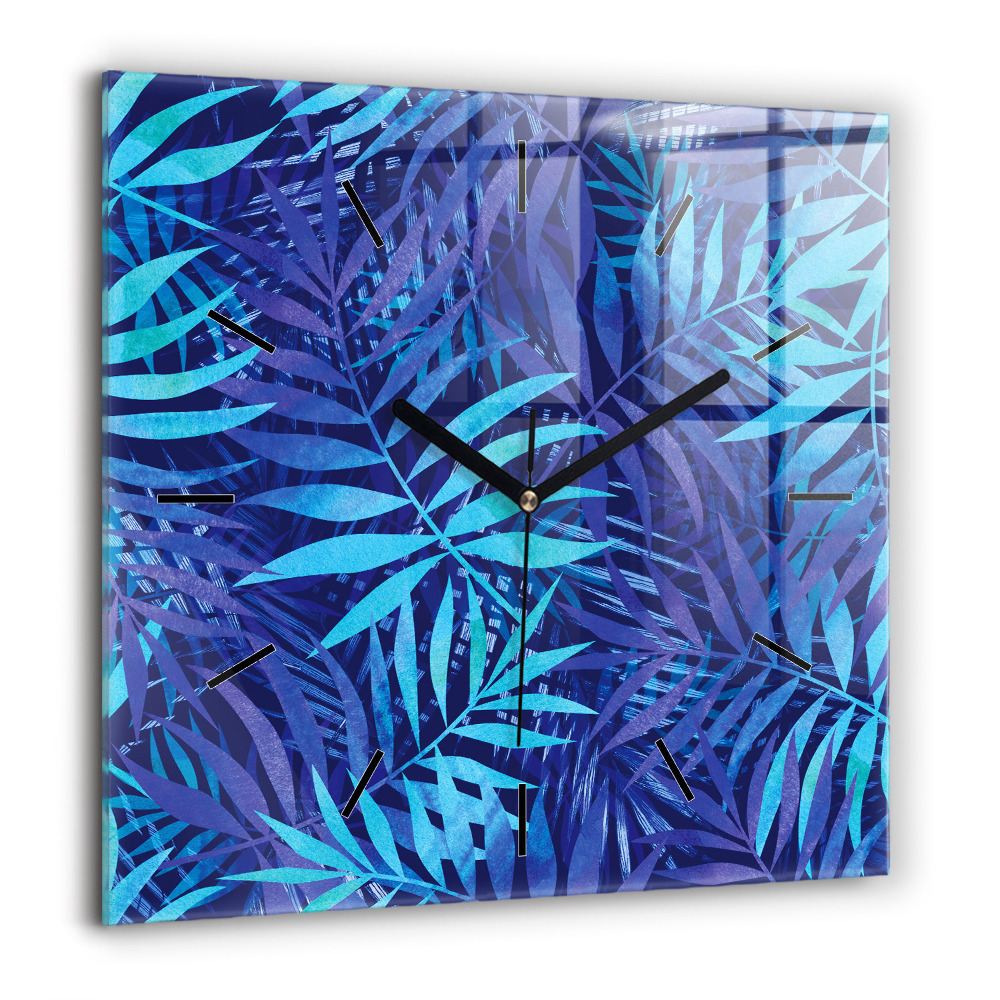 Pendule carrée en verre 60x60 cm Feuilles bleues