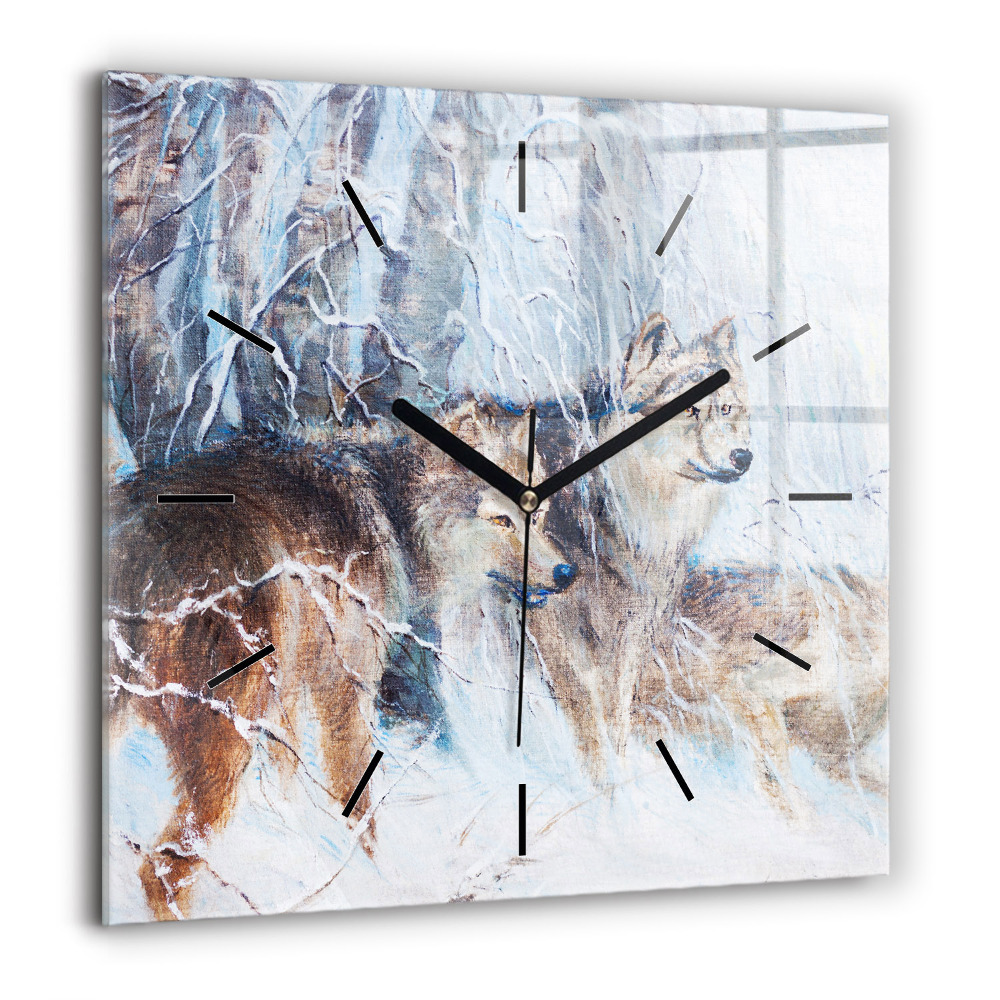 Horloge carrée en verre 60x60 cm Loups dans la forêt