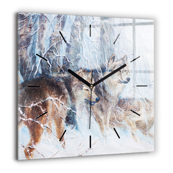Horloge carrée en verre 60x60 cm Loups dans la forêt