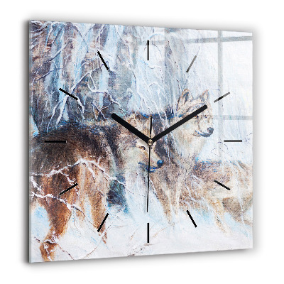 Horloge carrée en verre 60x60 cm Loups dans la forêt